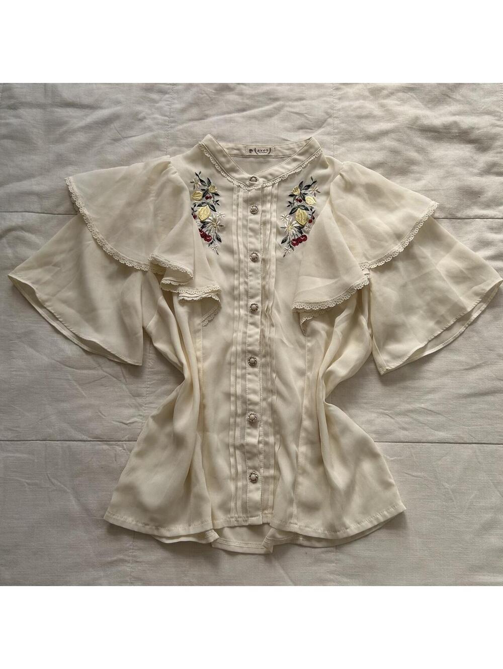 Axes Femme Cream Embroidered Cape Sleeve Blouse Himekaji Japan Size M